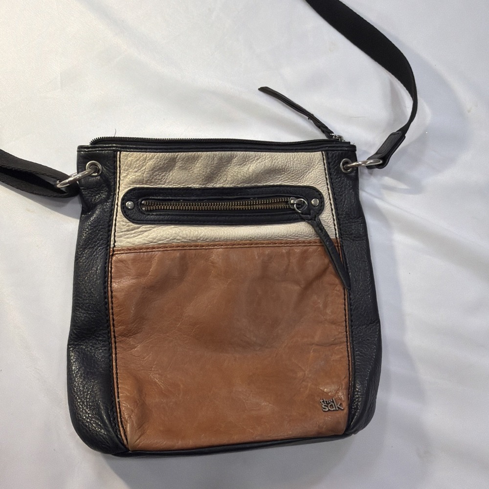 The Sak Leather Colorblock Crossbody Bag‎ Tri-Tone Black Brown Cream Boho...